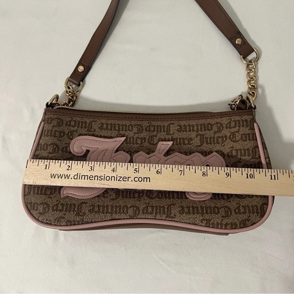 Juicy Couture Women Shoulder Bag Purse Chestnut/Pink Gold Dangle All Over Print